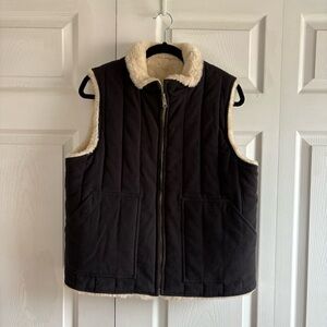 J.Crew L Black Quilted Sherpa Zip Vest Pockets Gorpcore Cabincore Double Sided
